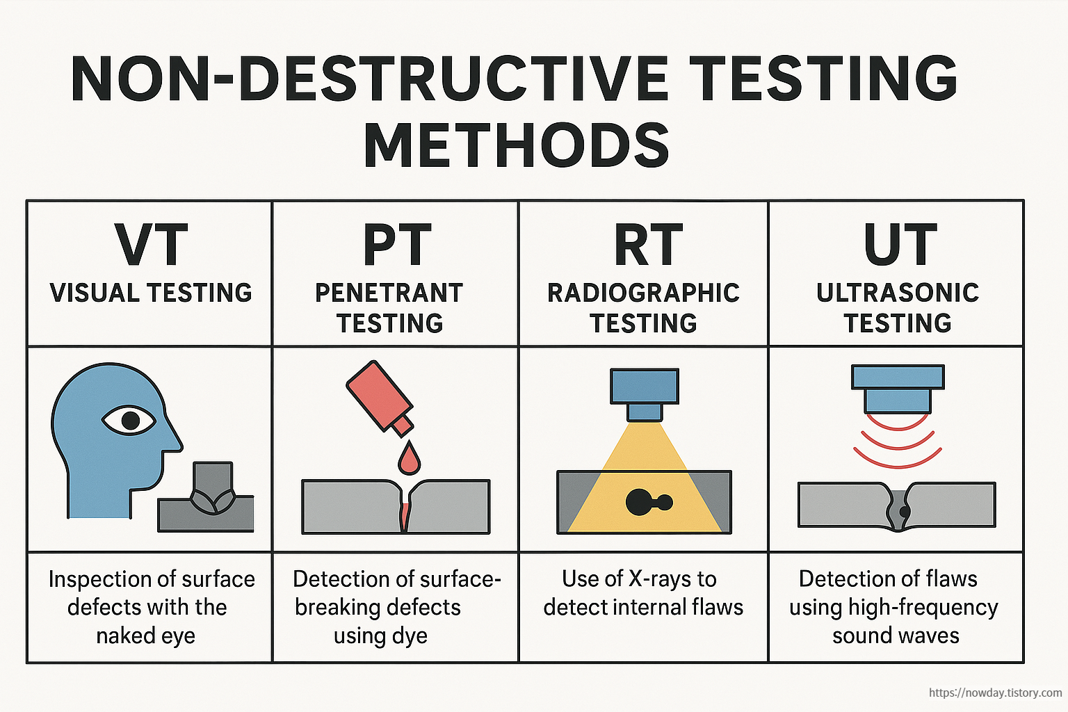 Digital infographic comparing VT, PT, RT, and UT non-destructive testing methods by principle, application, and pros/cons