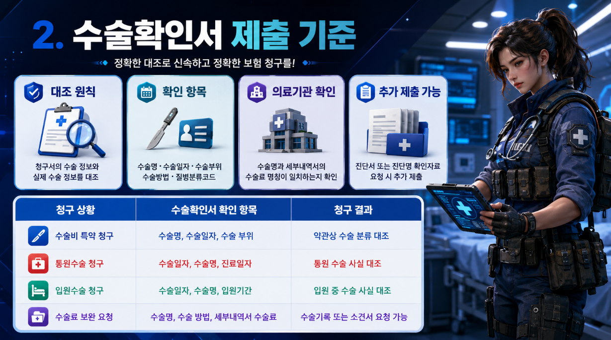 수술확인서 제출 기준과 청구 상황별 확인 항목을 정리한 16:9 인포그래픽