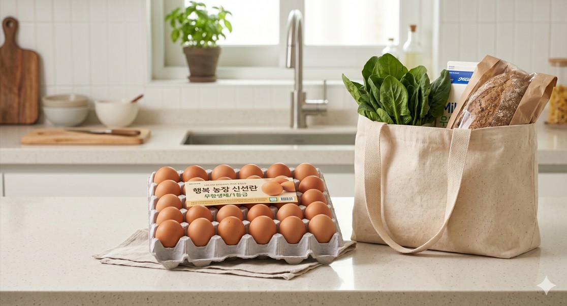 깨끗한 주방 조리대 위에 놓인 신선한 계란 한 판과 장바구니