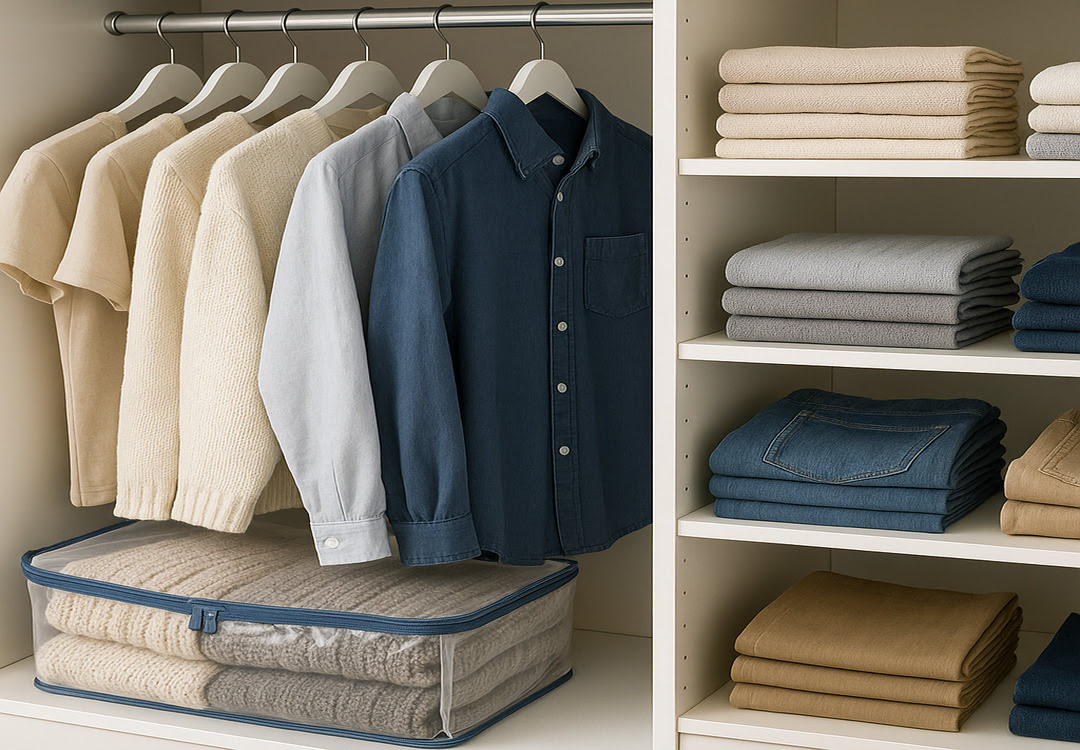 열린옷장에옷걸리에윗옷이걸려있고바지들이개어서쌓여있는사진