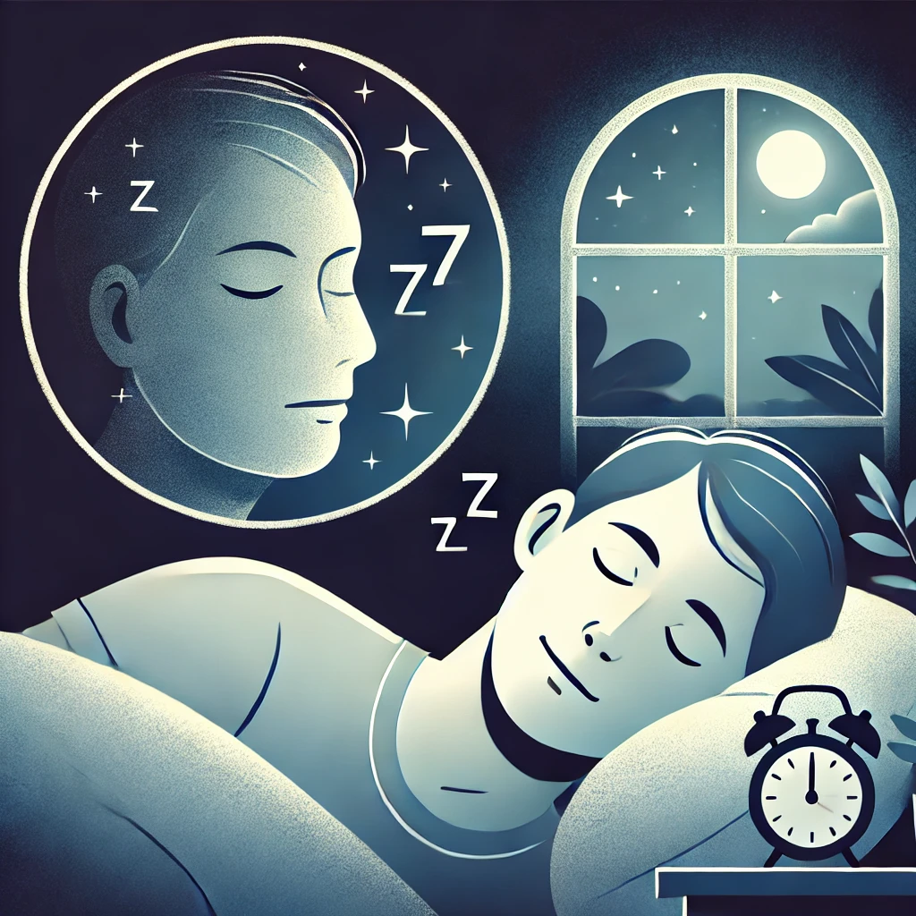 어두운 방에서 편안하게 잠을 자는 사람의 모습. 7~8시간의 충분한 수면이 피부 재생과 동안 피부 유지에 미치는 효과를 강조하는 장면