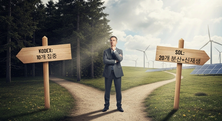 갈림길에 선 투자자. 왼쪽(KODEX)은 10개 기업, 오른쪽(SOL)은 20개 기업+신재생에너지(풍력) 아이콘이 있음