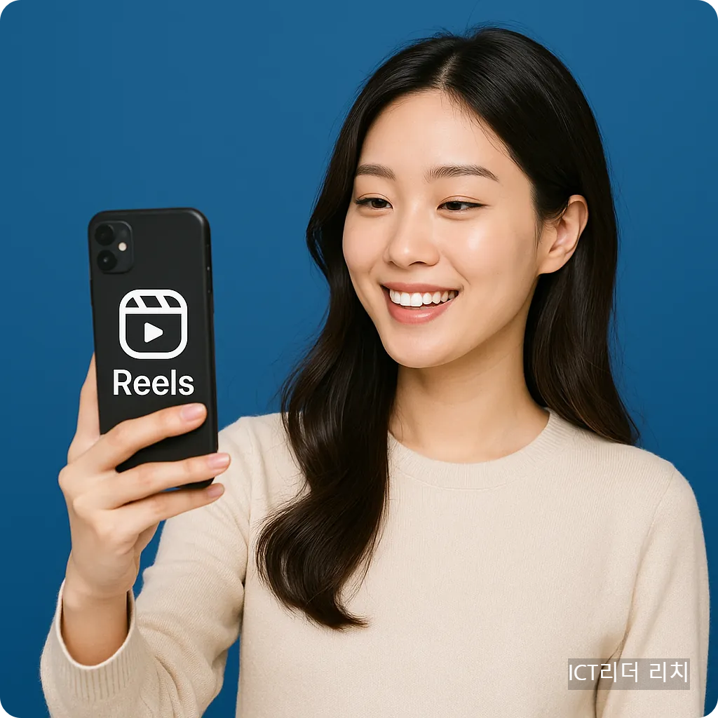 릴스를 촬영 중인 20대 여성, 인스타그램 Reels 아이콘이 보이는 스마트폰