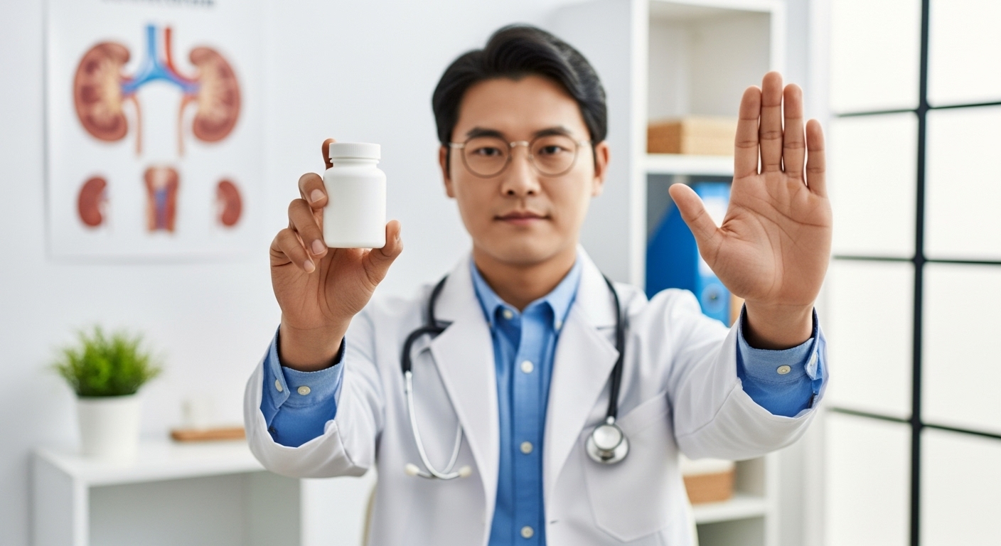 의사가 소염진통제 복용을 망설이고 있고 배경에는 신장 위험 경고 표시가 있다