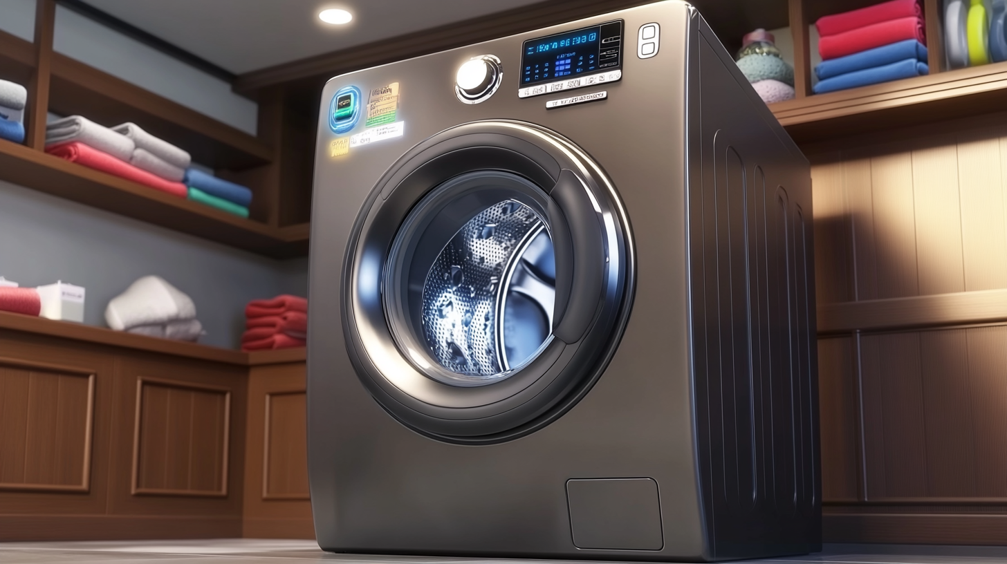 최신 AI 인터페이스와 높은 에너지 효율을 가진 삼성 드럼형 세탁기가 있는 현대적인 세탁실을 표현한 이미지입니다. 세탁기의 미래지향적인 디자인과 첨단 기술이 잘 드러나며, 명료한 조명이 이를 강조합니다.
