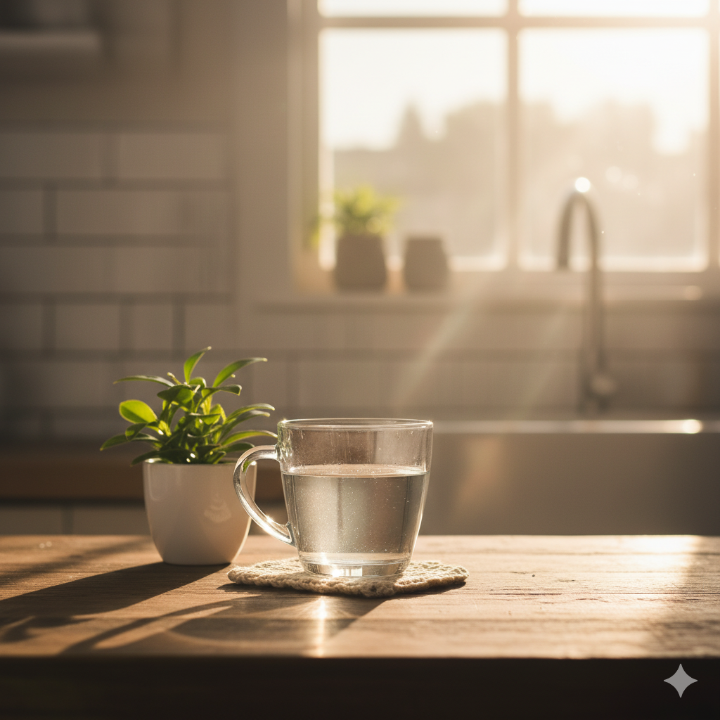 아침 햇살이 들어오는 식탁 위에 투명하고 깨끗한 물이 담긴 컵이 놓여 있는 감성적인 사진.