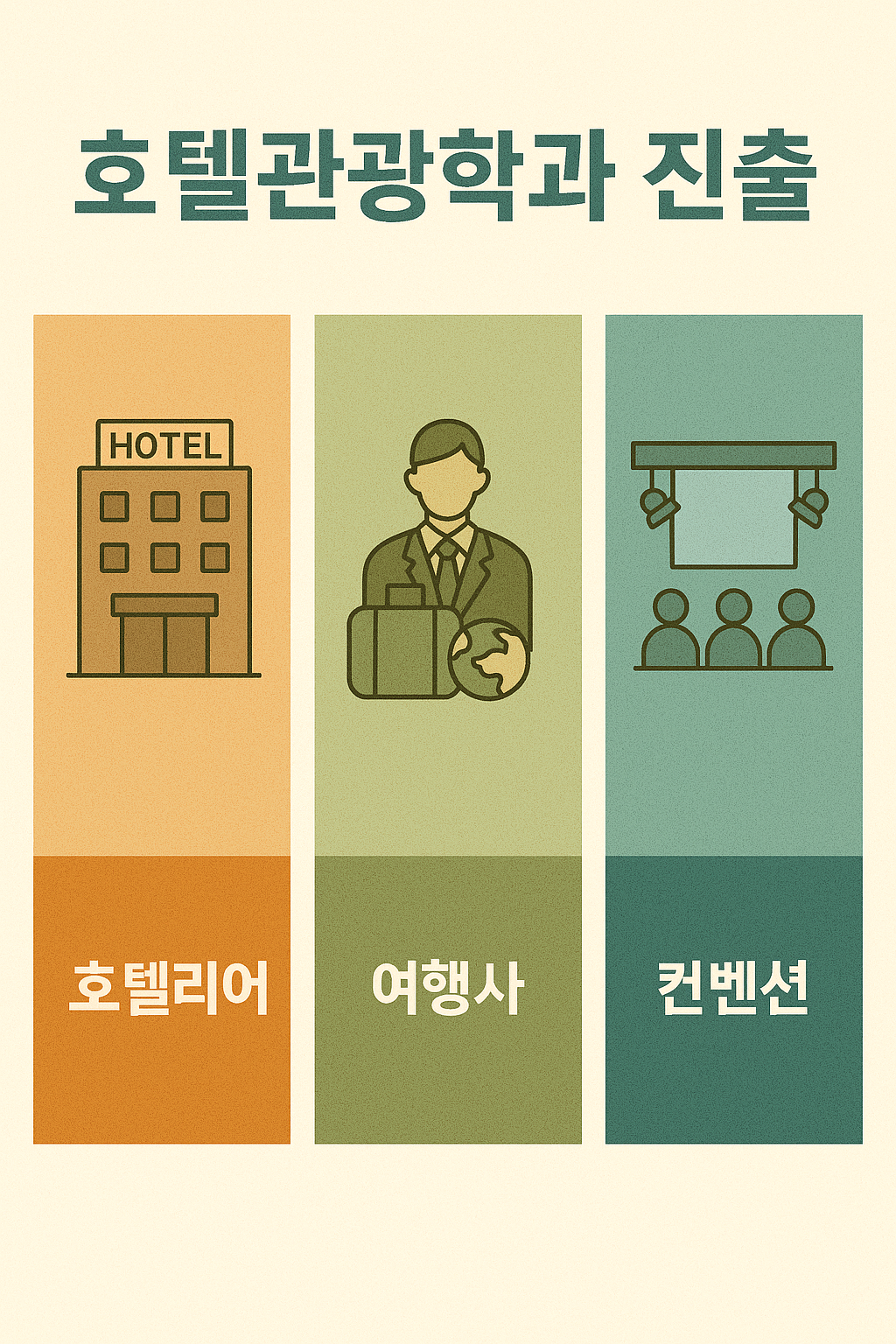 호텔리어, 여행사, 컨벤션 분야를 설명하는 한국어 정보 이미지