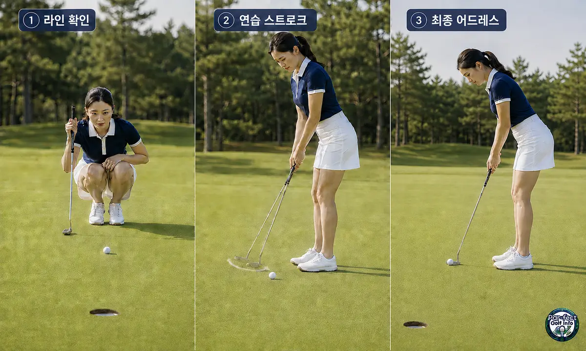 여성 골퍼가 퍼팅 라인을 확인하고 공 옆에서 연습 스트로크를 한 뒤 최종 어드레스를 잡는 루틴을 순서대로 보여주는 모습