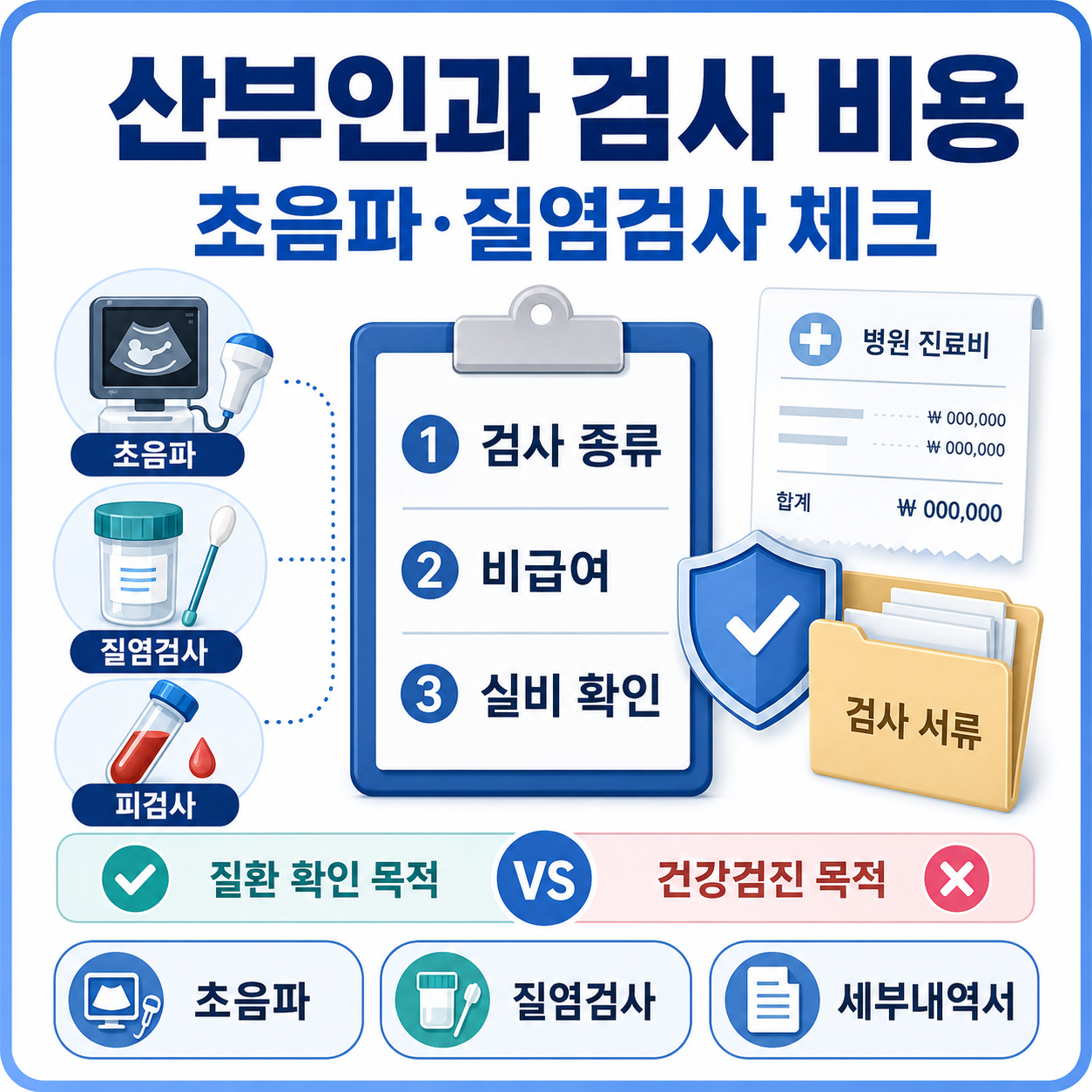 산부인과 검사 비용과 초음파, 질염검사, 피검사, 비급여 여부를 확인하는 카드형 대표 이미지