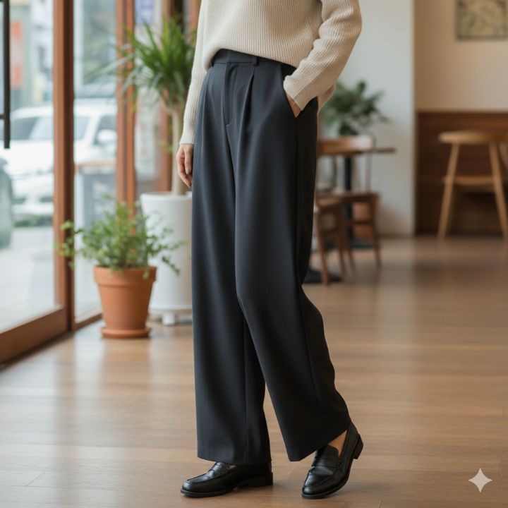 딥 그레이 와이드핏 슬랙스를 입고 편안하게 서 있는 40대 여성의 하반신