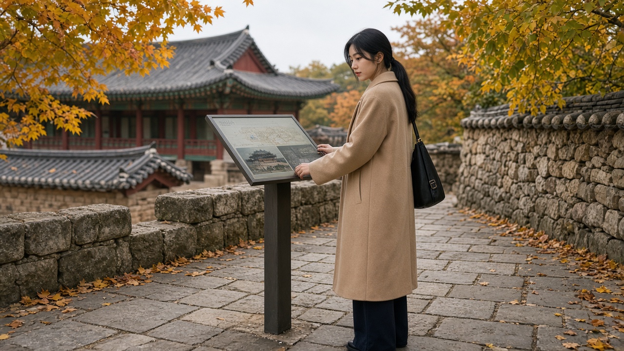 고궁 돌담길에서 안내판을 확인하는 20대 한국인 여성