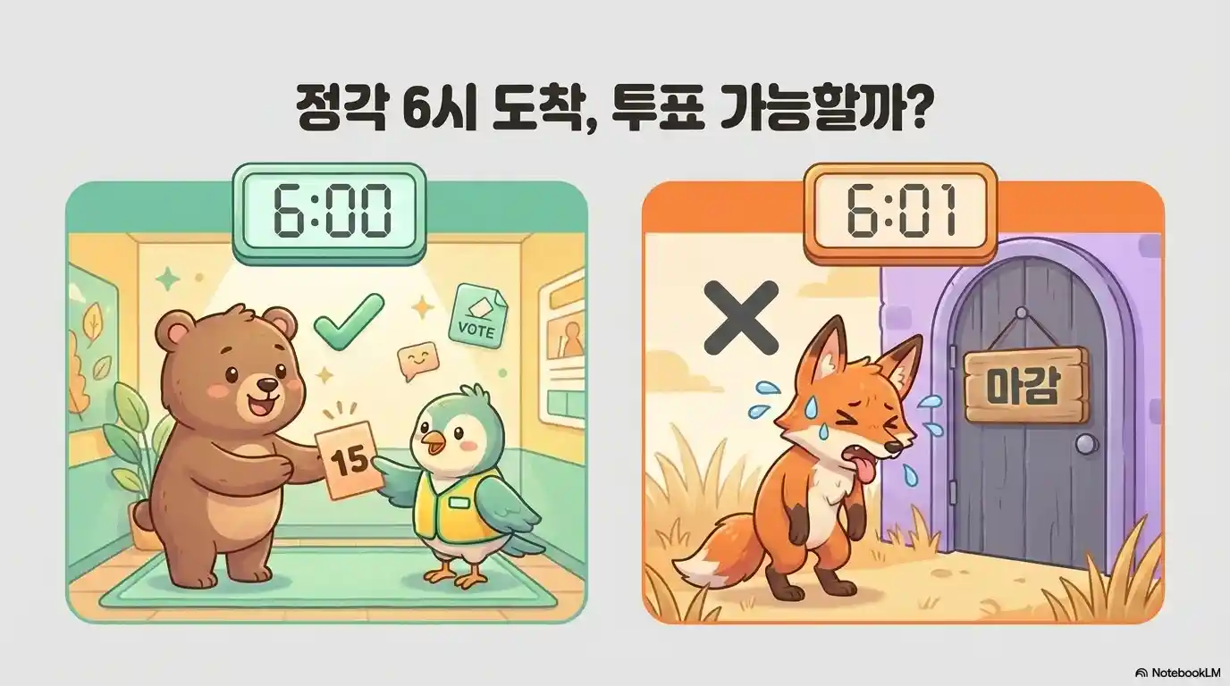 지방선거 투표소 오후 6시 정각 도착 시 투표 가능, 6시 1분 이후 입장 불가 안내