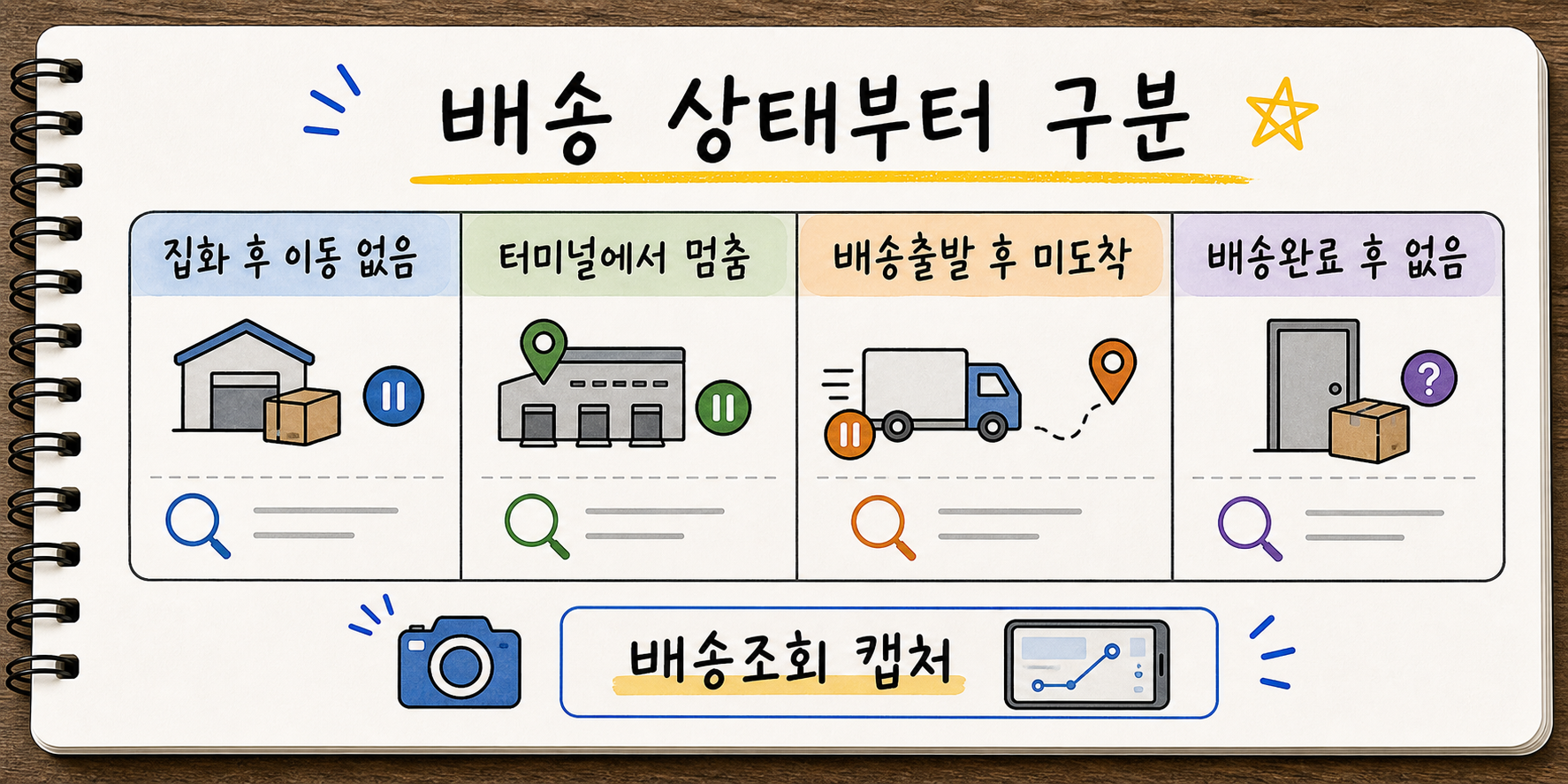 택배 분실 문의 전 집화 후 이동 없음 터미널에서 멈춤 배송출발 후 미도착 배송완료 후 없음 배송조회 캡처를 구분한 손글씨 카드
