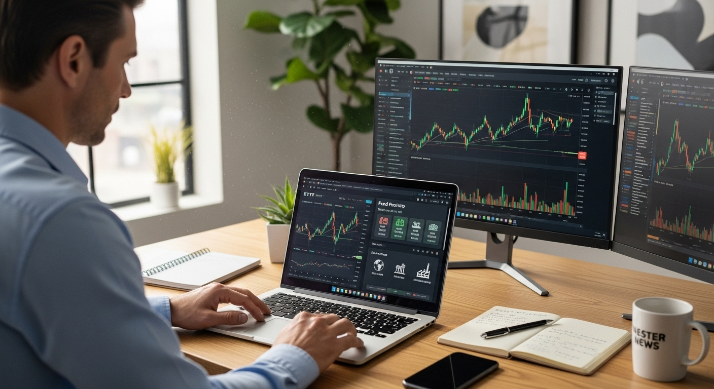 ETF 개념과 구조를 학습하며 투자 포트폴리오를 확인하는 투자자의 모습