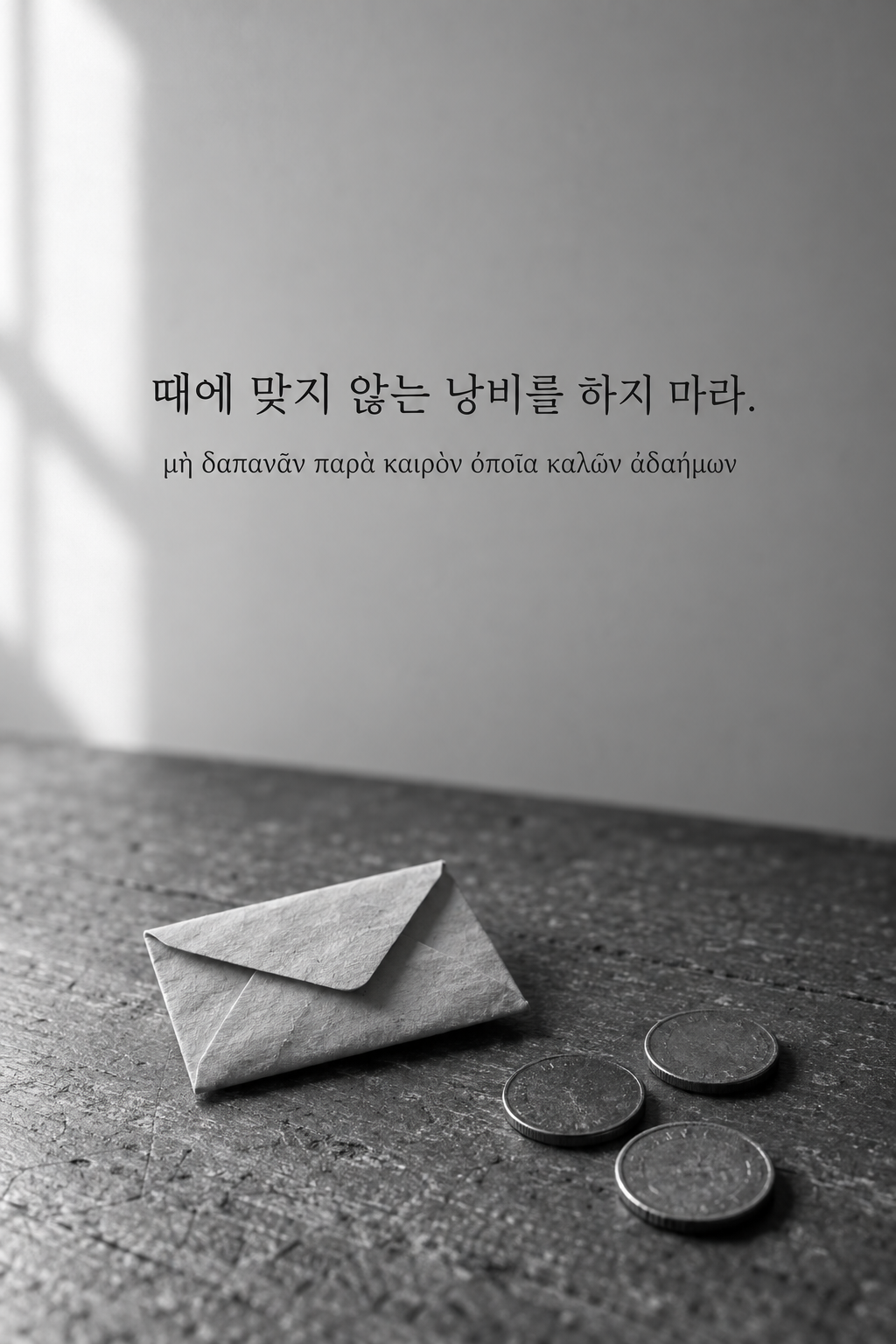 때에 맞지 않는 낭비를 하지 마라. 종이 봉투와 동전 세 개 배경에 한국어와 그리스어 원문을 담은 피타고라스 학파 명언 이미지