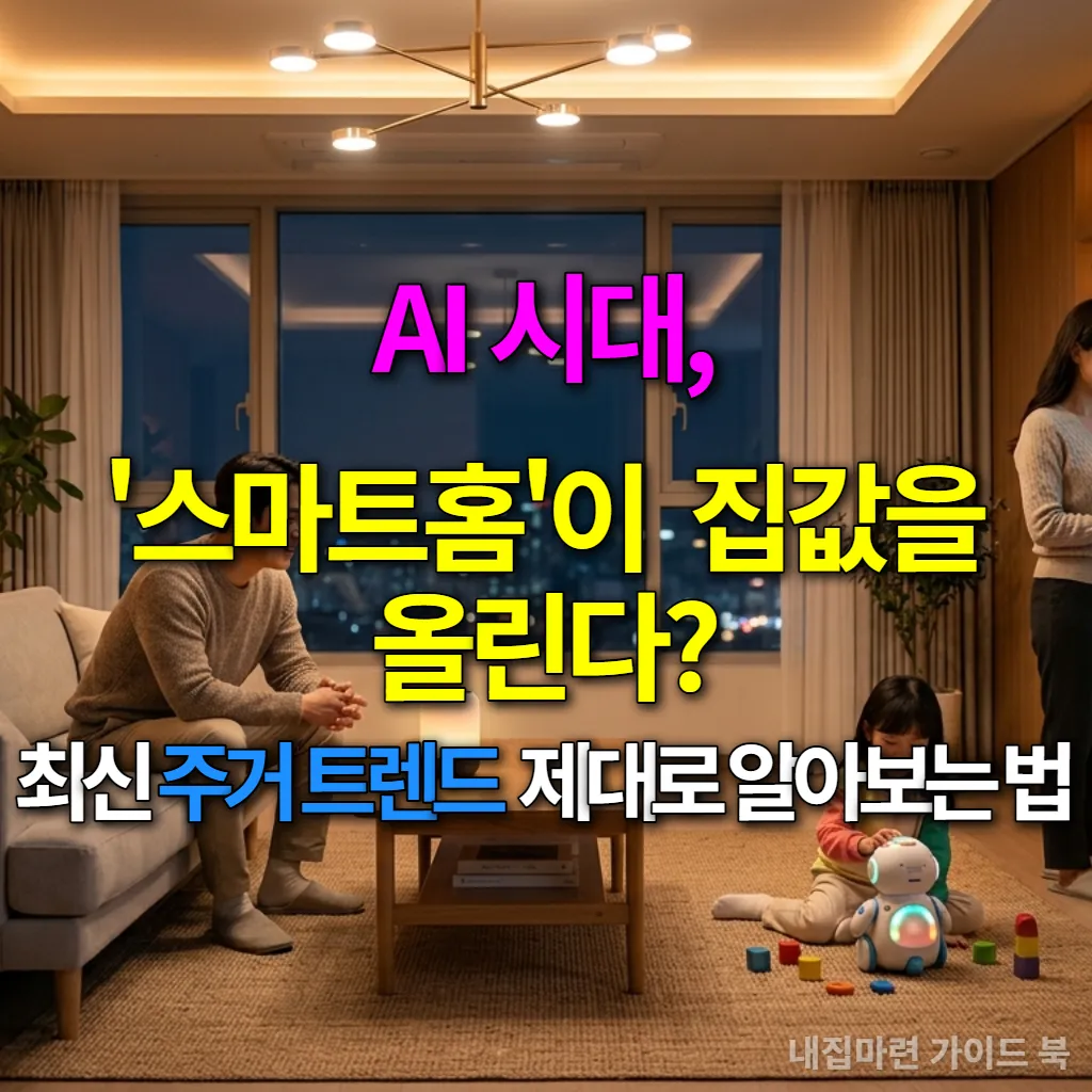AI와 스마트홈 기술이 적용된 한국의 현대적인 거실에서 가족이 스마트 기기와 상호작용하는 모습
