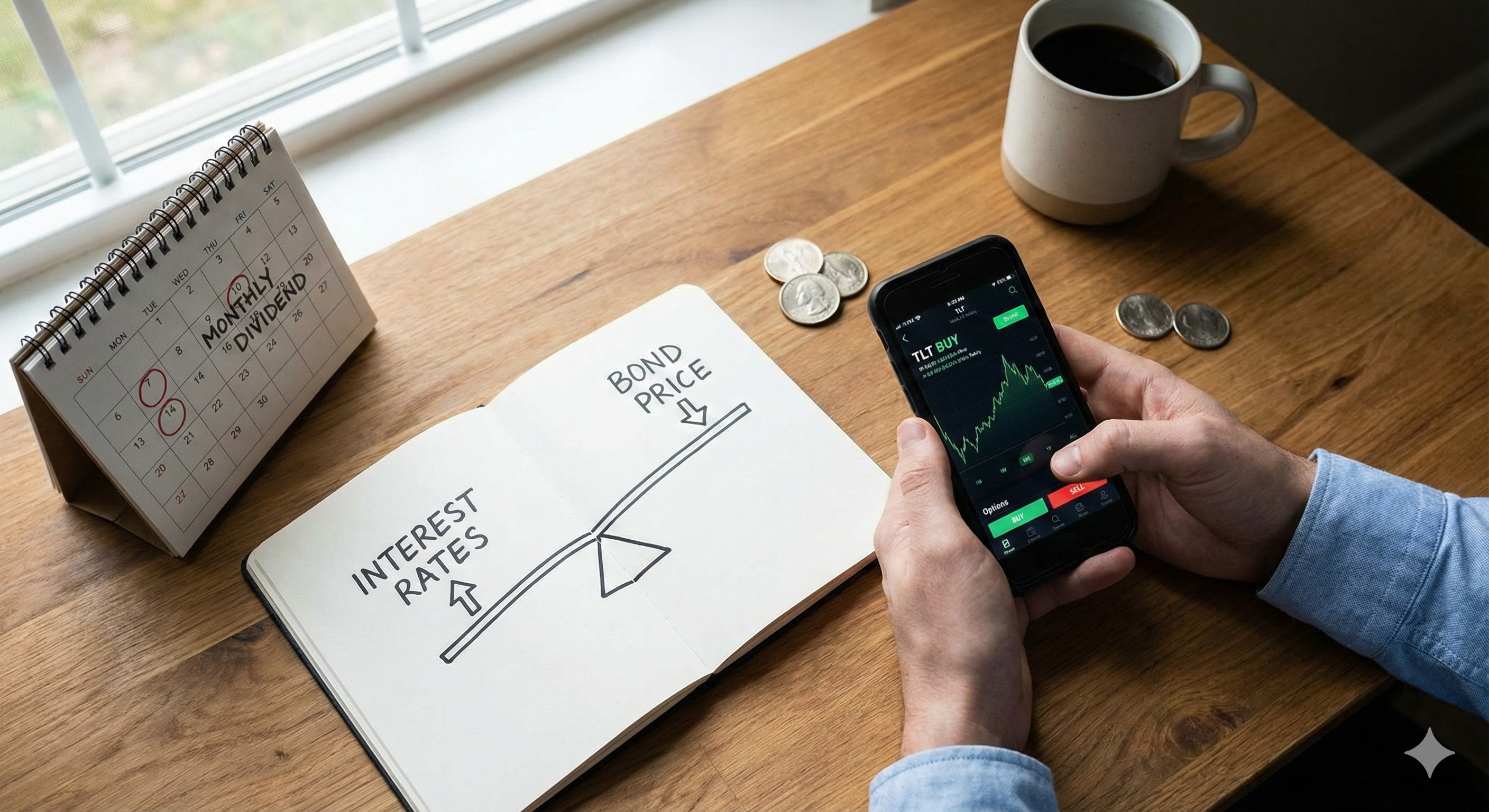 나무 책상 위에서 스마트폰으로 주식 앱을 보며 미국 국채 ETF인 'TLT' 매수(BUY) 화면을 띄워놓은 투자자의 손. 옆에는 'INTEREST RATES ↑'(금리 상승)와 'BOND PRICE ↓'(채권 가격 하락)가 적힌 시소 그림이 그려진 펼쳐진 노트와, 매월 'MONTHLY DIVIDEND'(월배당)가 표시된 달력이 있다. 달러 동전과 커피잔도 놓여 있다.
