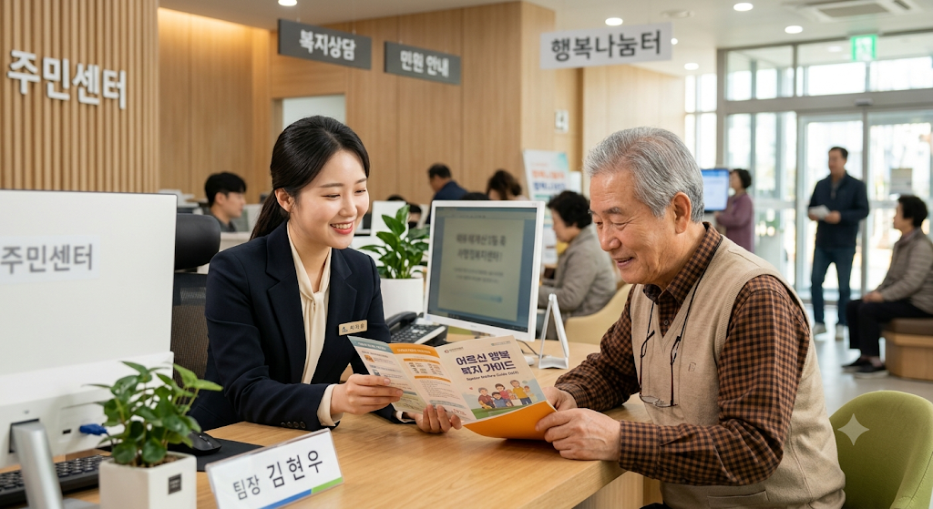 행정복지센터에서 친절하게 상담 및 안내를 받는 어르신의 모습