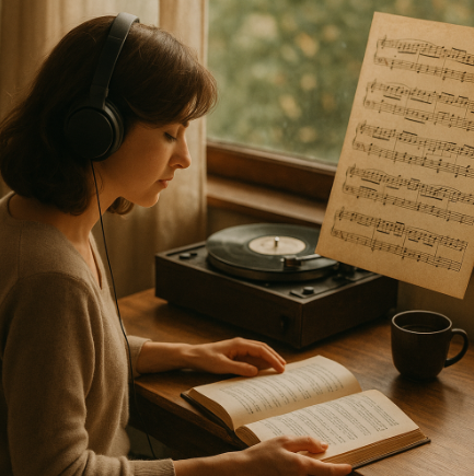 클래식 음악 듣는 여성의 이미지