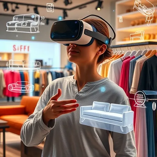 사용자가 갤럭시 XR 헤드셋을 착용하고 가구점이나 의류 매장에서 증강현실 기능을 활용하여 상품을 미리 배치해 보거나 옷을 가상으로 입어보는 장면입니다. 실제 공간에 홀로그램으로 상품이 나타나 사용자 주변과 자연스럽게 어우러지는 모습입니다.