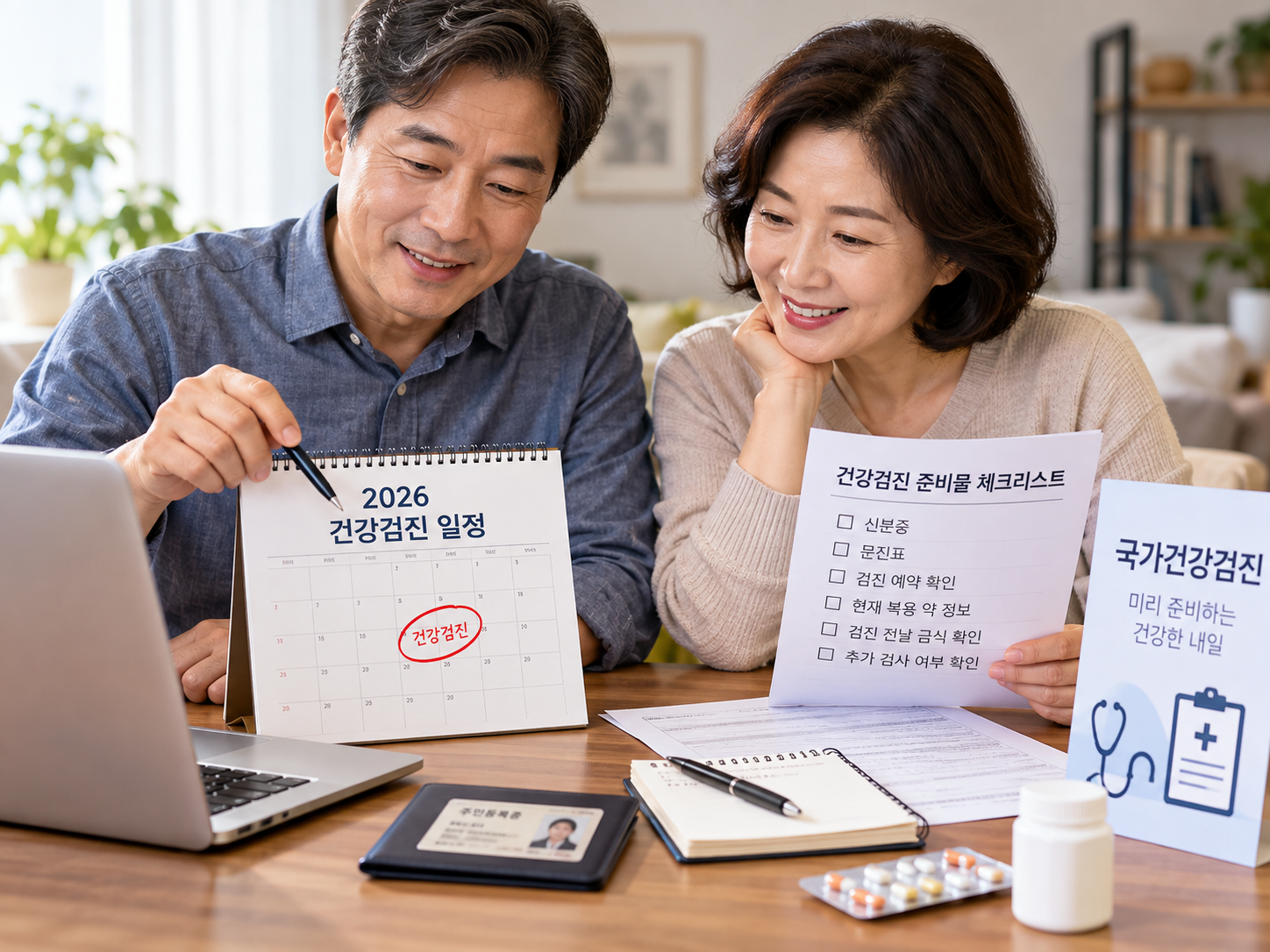 국가건강검진을 준비하며 일정과 준비물을 확인하는 중년 부부의 모습
