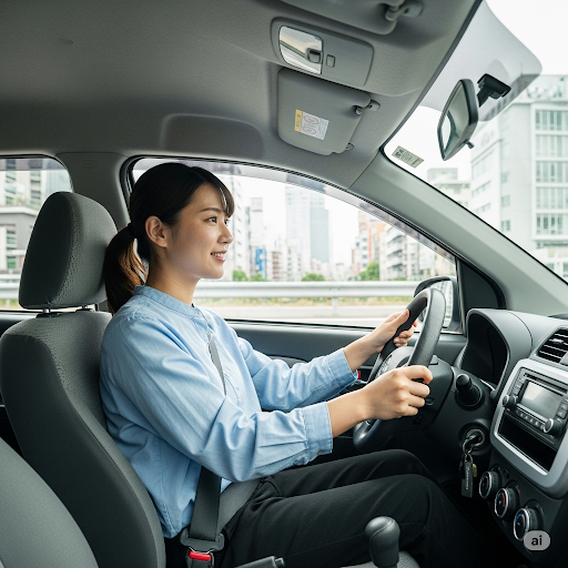 여성 운전자가 핸들을 잡고 운전하는 모습