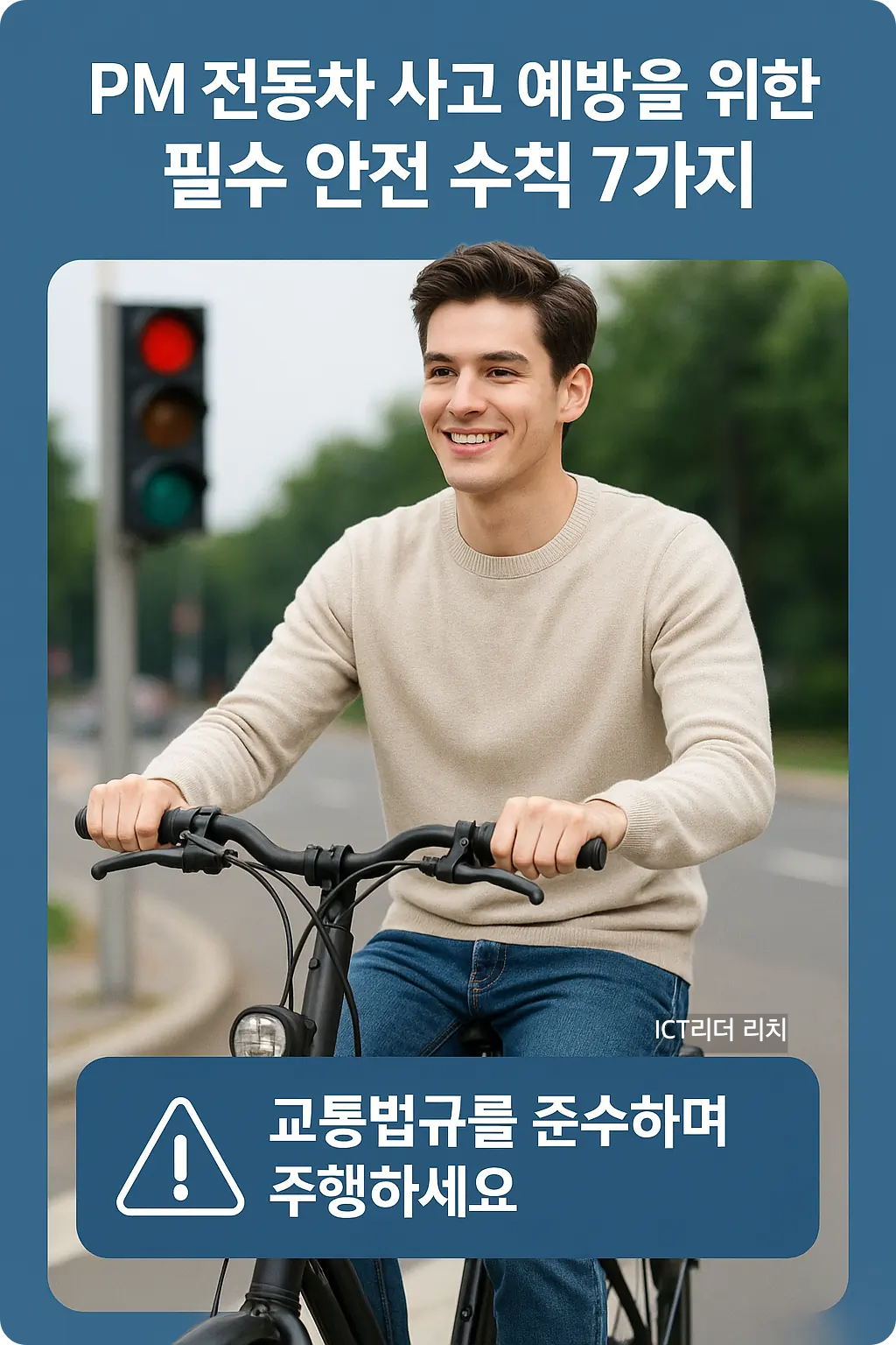 잘생긴 20대 남성 모델이 전동자전거를 타며 교통법규를 준수하는 고퀄리티 한국어 인포그래픽