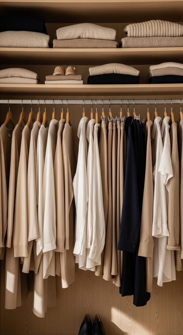 뉴트럴 컬러(베이지, 네이비, 화이트) 옷들이 깔끔하게 걸려 있는 옷장