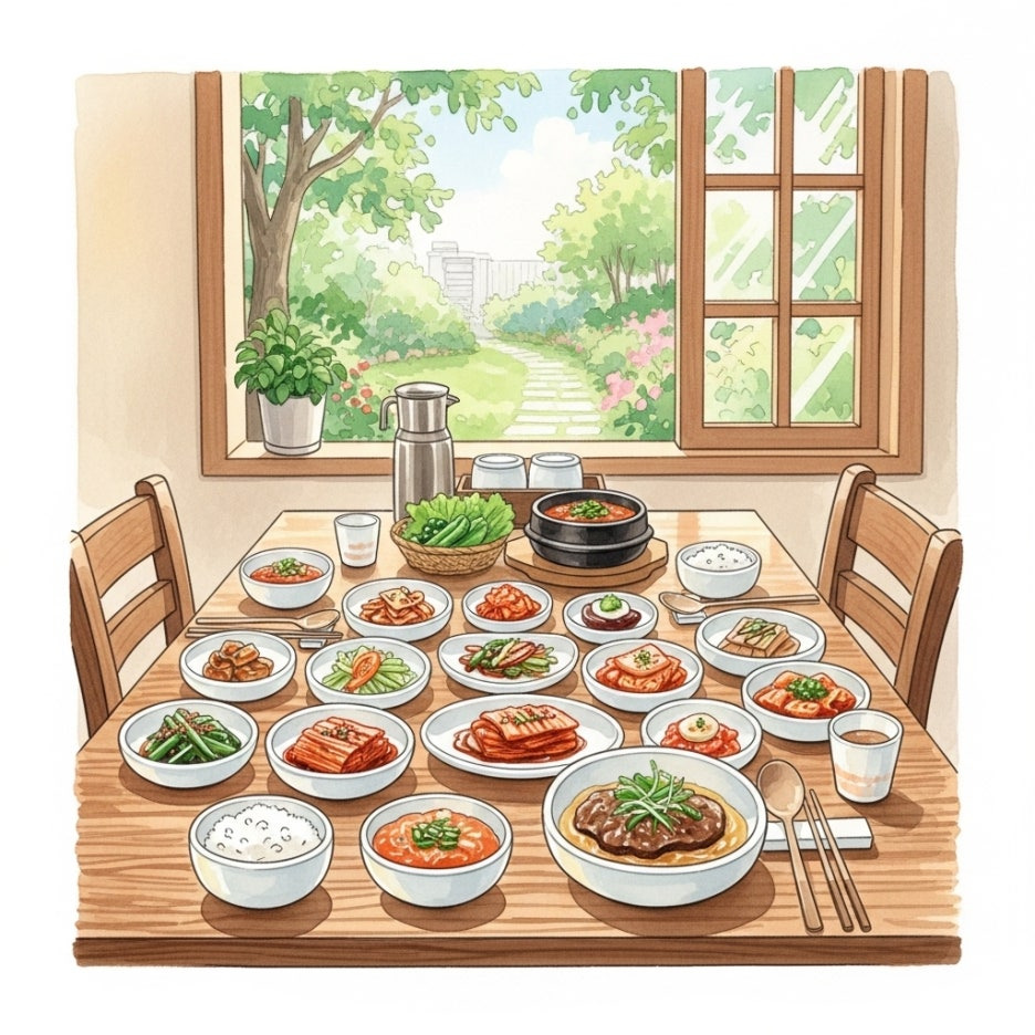 정갈한 음식이 차려진 따뜻한 식당 내부