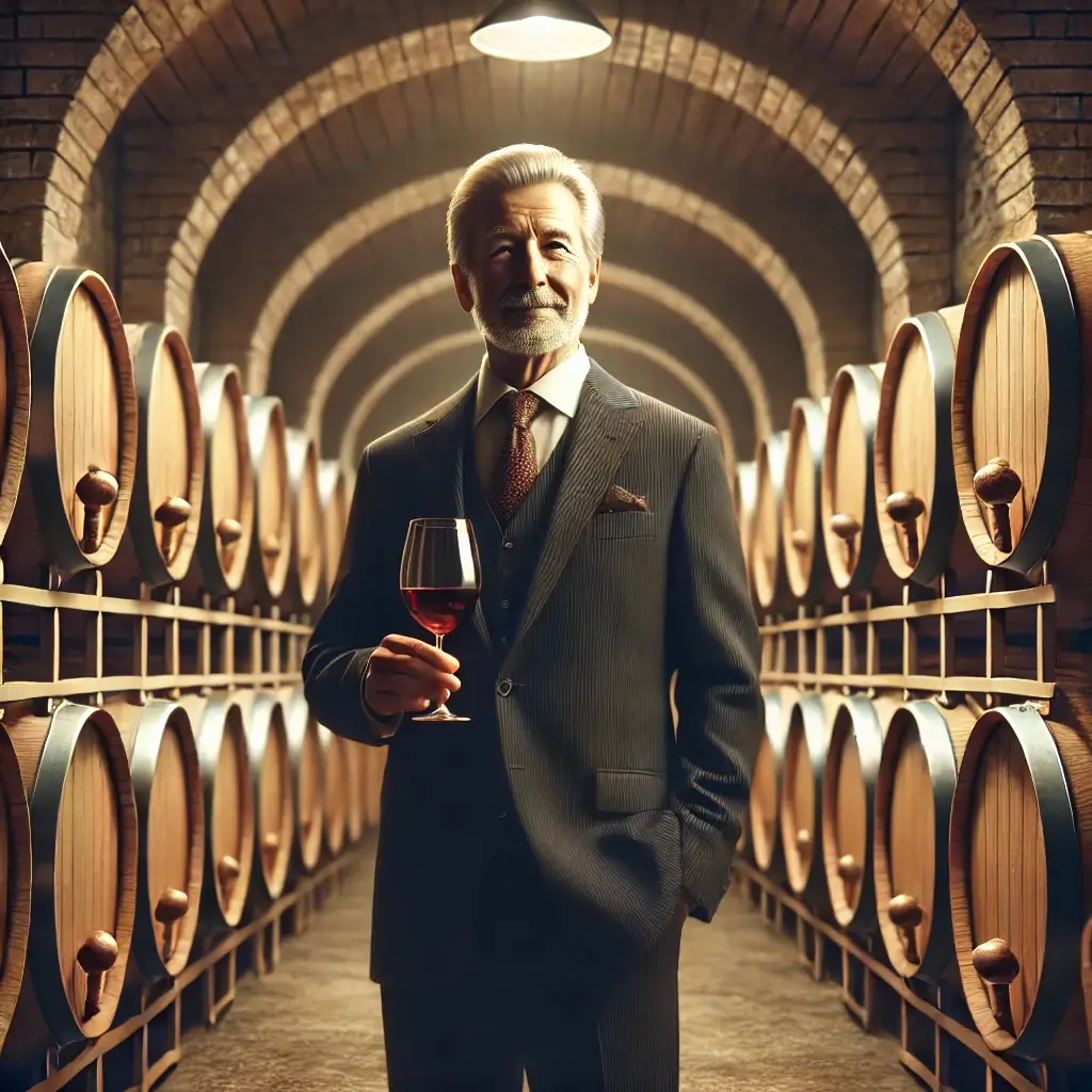 프랜시스 포드 코폴라는 와인을 좋아해서 와인 양조장에서 와인을 들고 있는 모습이다 검은 정장을 입고있고 뒤로는 통에 담겨있는 많은 와인들이 보인다.