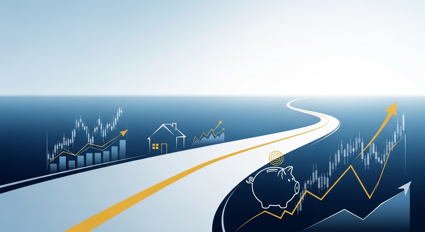 미래 경제 전망과 개인의 현명한 재정 계획을 상징하는 추상적인 이미지.