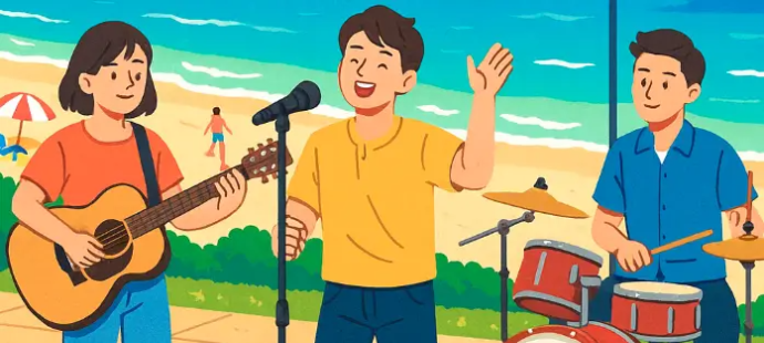 바닷가에서 음악 공연하고 있는 남자 3명