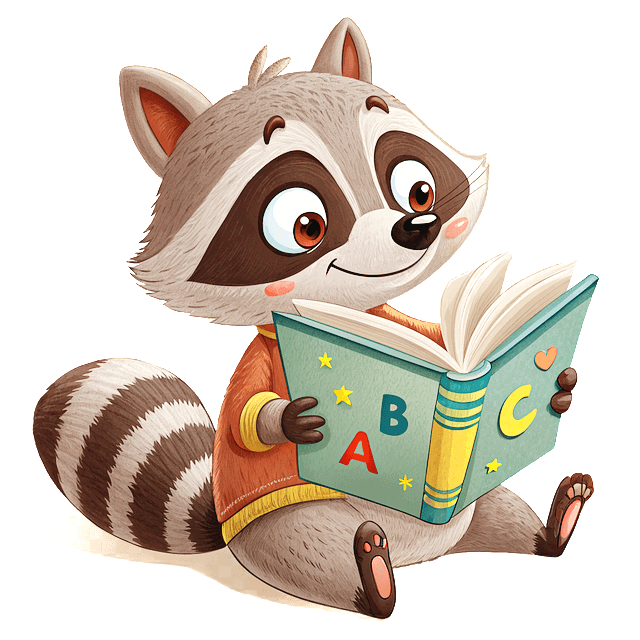 귀여운 너구리가 앉아서 ABC 책을 재미있게 읽는 그림이다.
