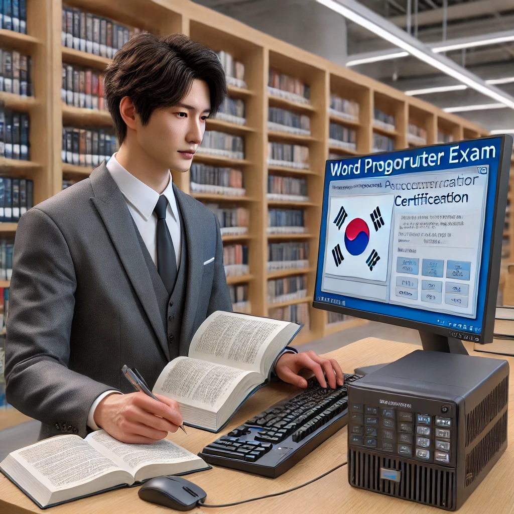 남성이 공공 도서관에서 워드프로세서 자격증 시험을 준비하는 모습. 그는 데스크톱 컴퓨터를 사용하며 노트에 메모를 하고 있으며, 주변에는 책이 놓여 있고 조용하고 현대적인 환경입니다