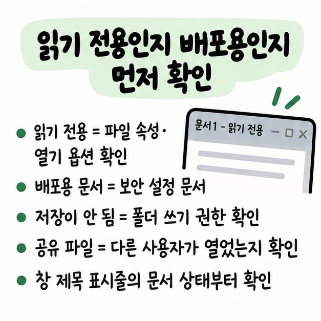 읽기 전용인지 배포용 문서인지 창 제목과 파일 속성으로 먼저 구분해야 한다는 원인 확인 카드