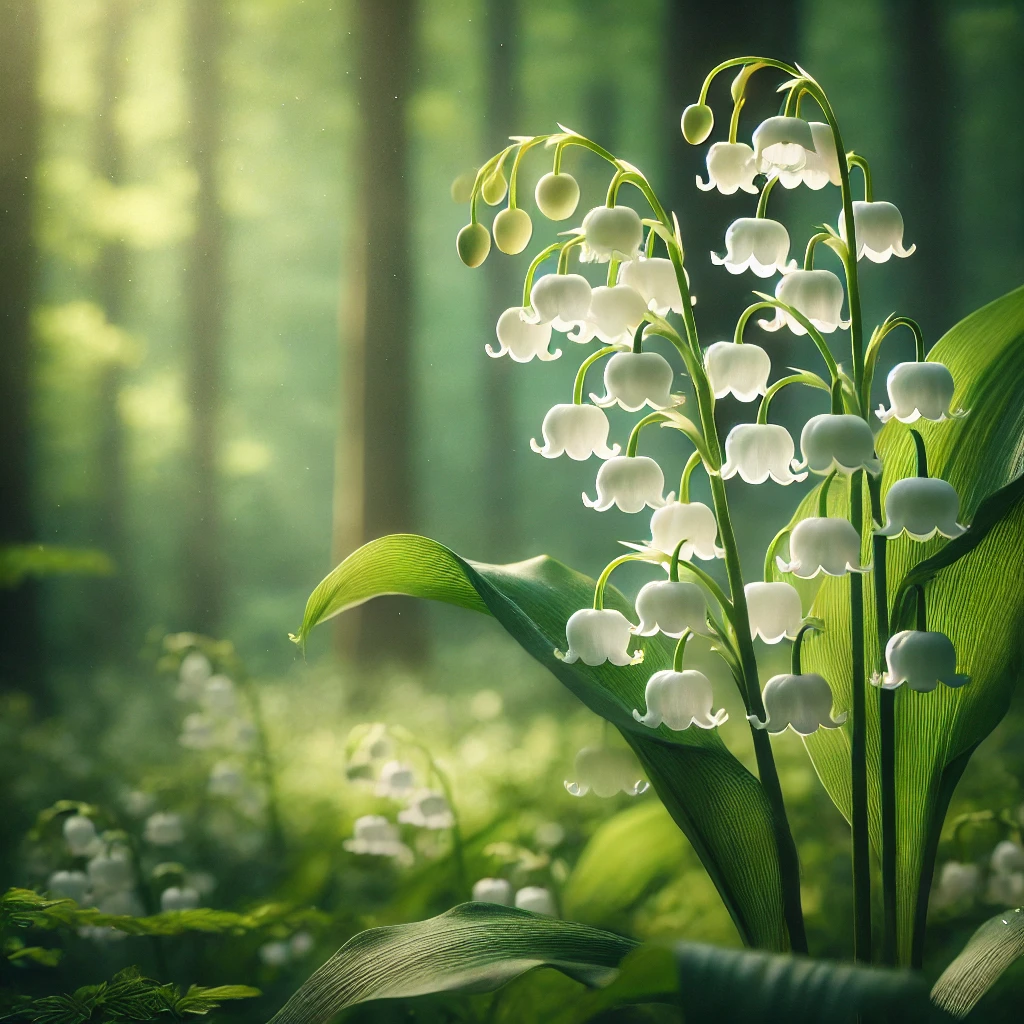 은방울꽃(Convallaria keiskei)의 아름다운 모습이 고요한 숲 속에서 표현되었습니다. 흰 종 모양의 작은 꽃들이 가느다란 녹색 줄기에 매달려 있으며, 그 주위에는 푸른 잎들이 가득합니다. 숲의 나뭇잎 사이로 부드럽게 들어오는 햇빛이 꽃과 잎을 은은하게 비추며, 순수하고 우아한 느낌을 강조합니다. 배경에는 나무들과 흐릿하게 보이는 녹음이 어우러져 평화로운 분위기를 연출합니다.