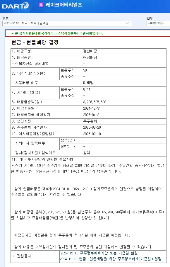 레이크머티리얼즈(281740) 2025년 배당
