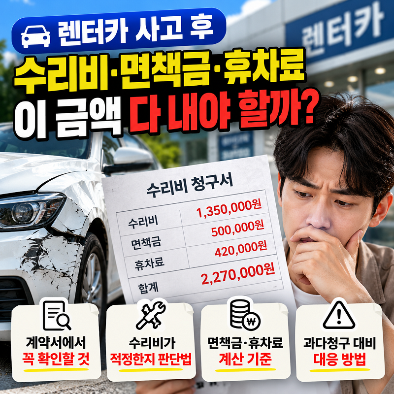 렌터카 사고 후 수리비 면책금 휴차료 확인 방법