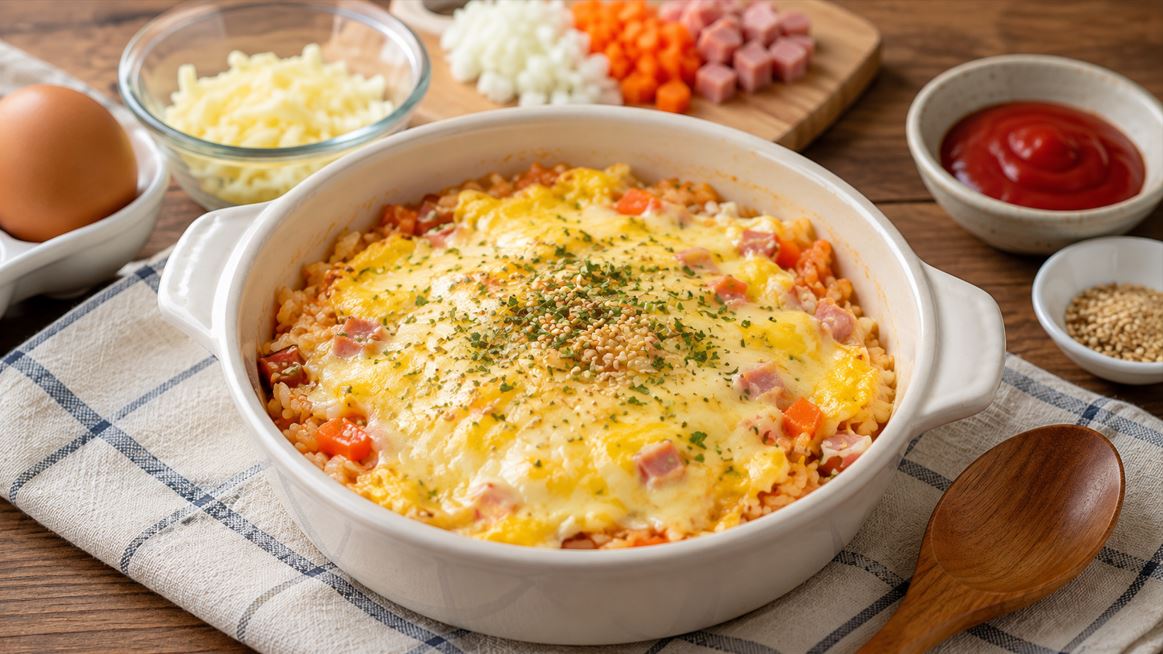 케첩과 굴소스로 섞은 밥 위에 치즈와 계란을 올려 전자레인지로 익힌 치즈계란밥