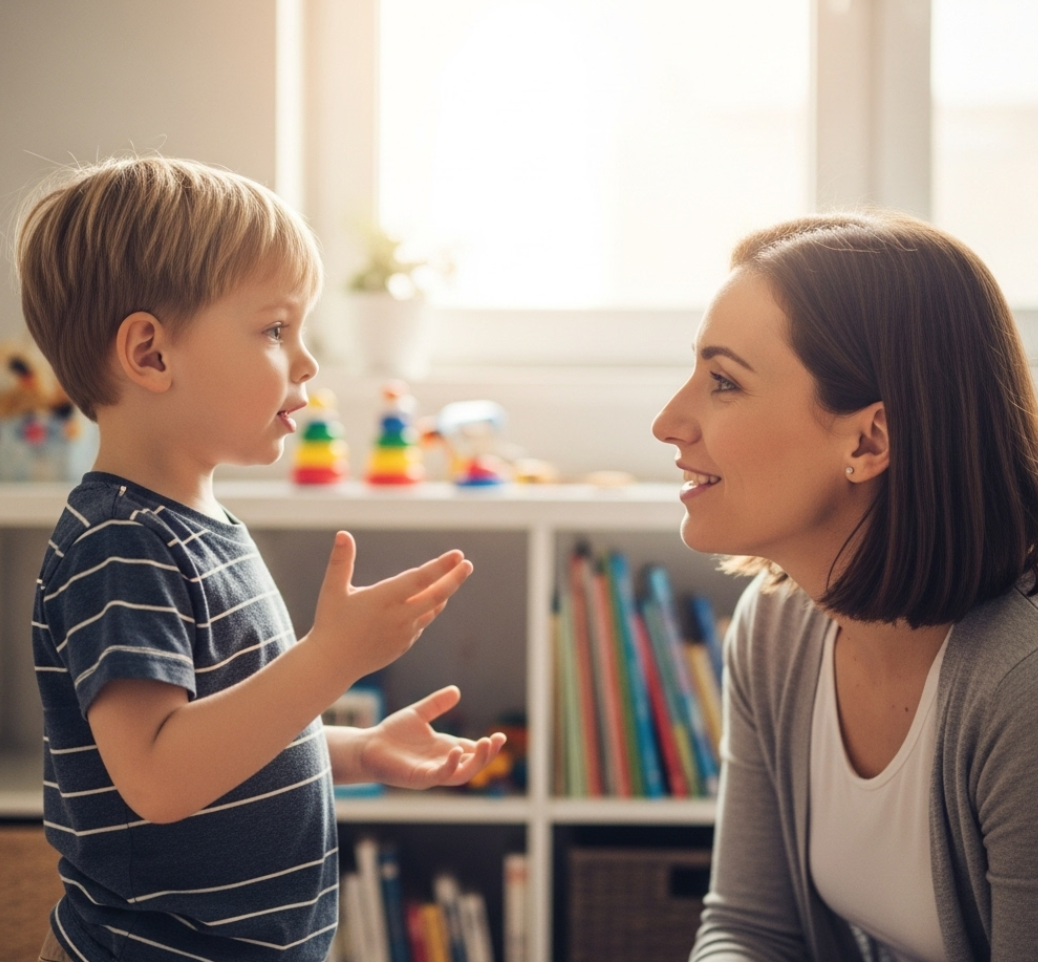 아이와 엄마가 대화하는 사진