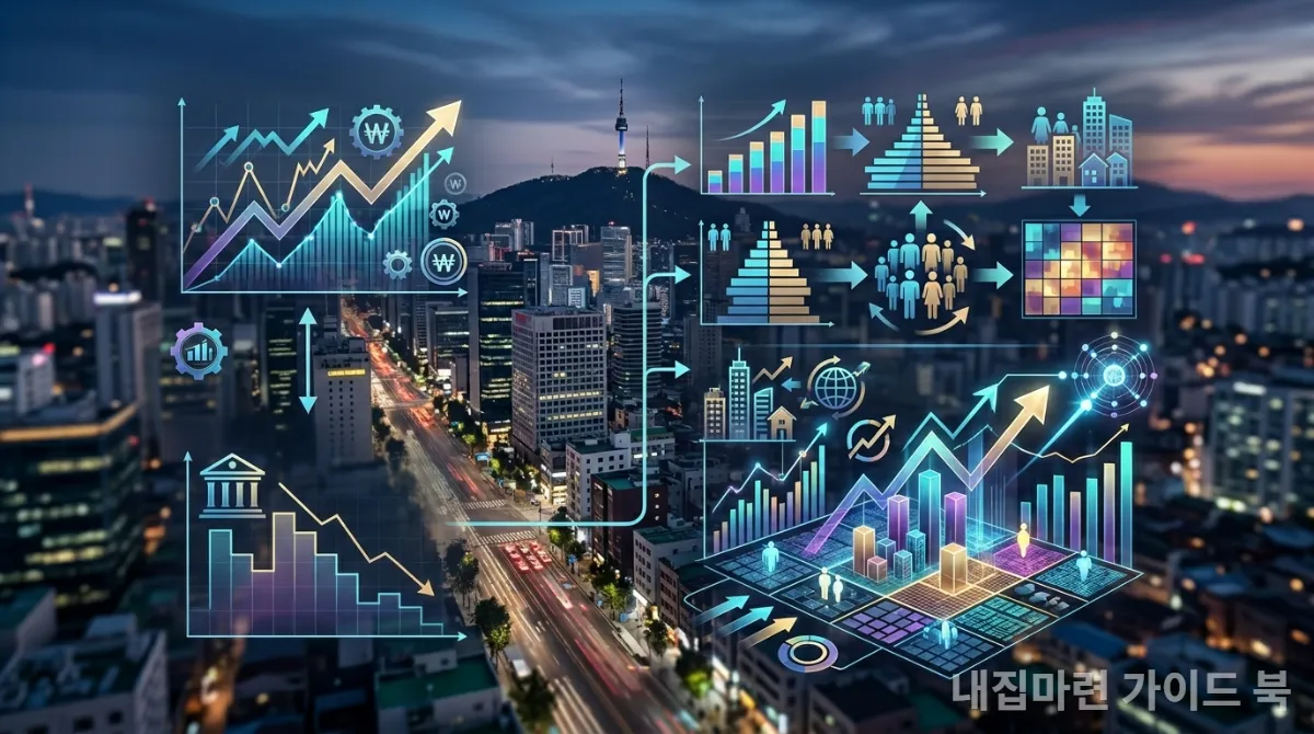 2026년 한국 부동산 시장 전망을 보여주는 경제 지표 인포그래픽