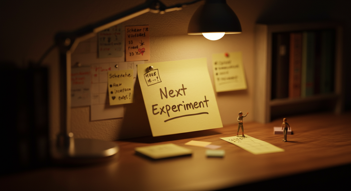 따뜻한 스탠드 조명 아래에서 미니어처 일정표와 메모에 ‘다음 실험’이 적힌 틸트쉬프트 마무리 장면