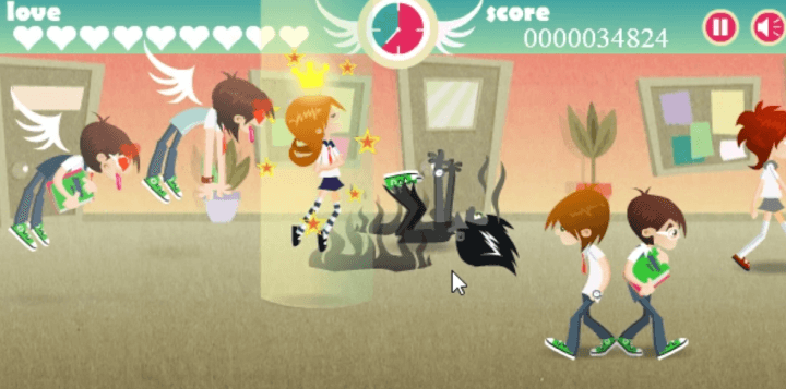 눈빛보내기-학교편-플래시게임-플레이-하트-칸을-모두-채워-뷰티타임이-활성화된-화면