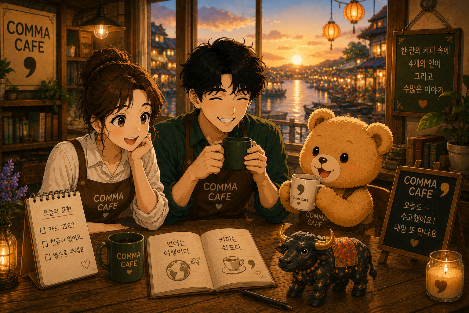 노을이 비치는 COMMA CAFE 창가에서 쉼표와 푸름, 은돌이가 커피와 검은 뿔 소 장식품을 사이에 두고 하루를 마무리하는 따뜻한 장면