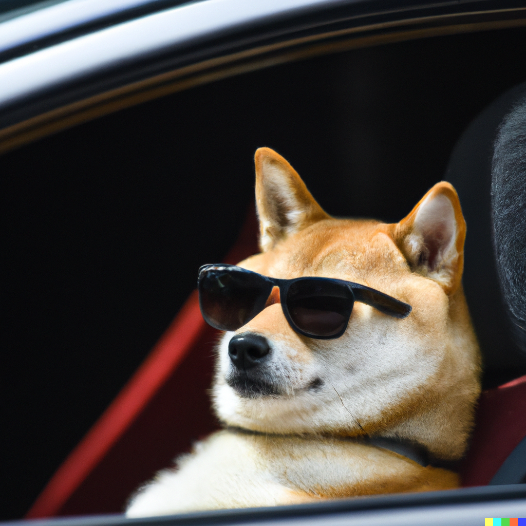 A shiba inu dog, riding a car and wearing sunglasses