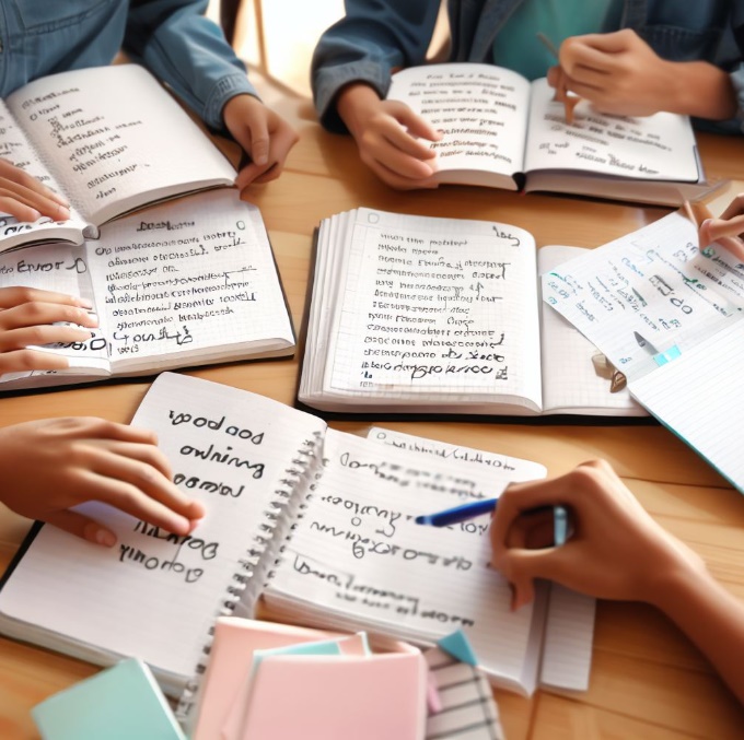 영어 공책에 단어를 정리하는 학생들(made by Bing)