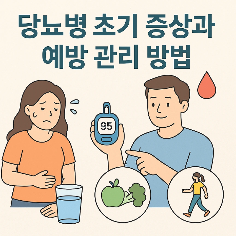 당뇨병 초기 증상과 예방 관리 방법을 설명하는 일러스트 - 혈당 측정기, 식이요법, 운동, 갈증과 복통을 호소하는 여성의 이미지 포함
