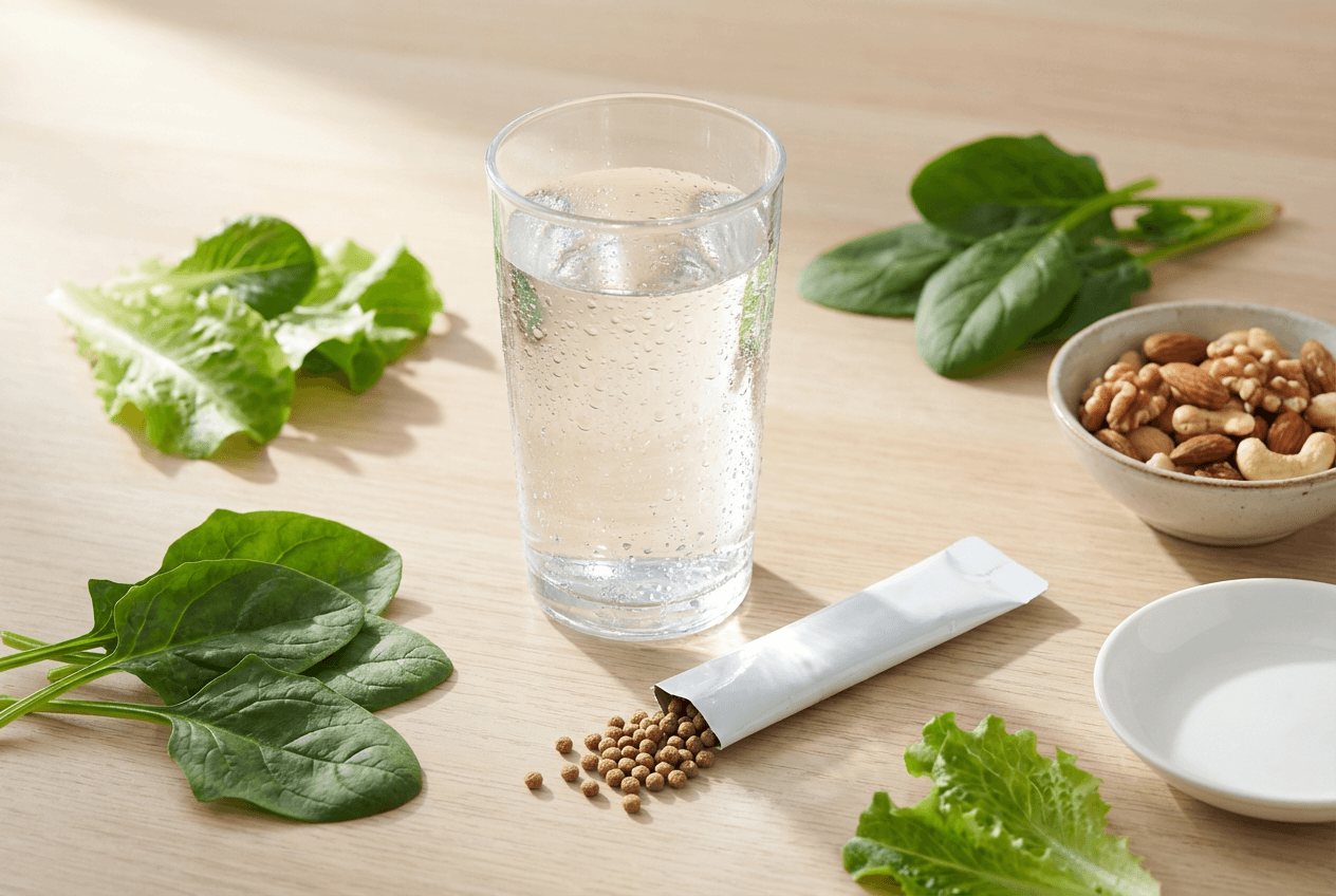 식이섬유와 물 한 잔. 차전자피 보충제와 물병이 놓인 깨끗한 테이블 장면.