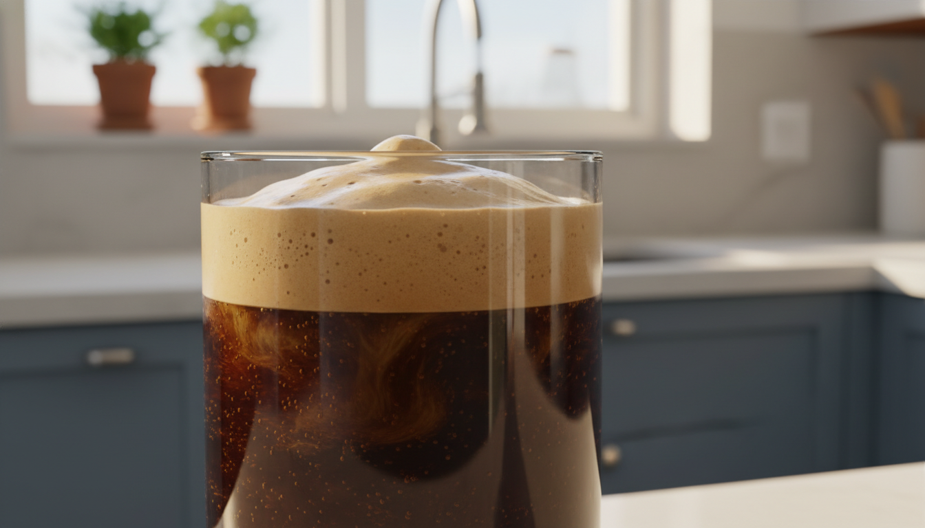 투명한 유리잔에 담긴 에어로카노의 모습, 기네스 맥주처럼 거품이 폭포수처럼 흘러내리는 텍스처와 상단에 두껍게 쌓인 크리미한 커피 거품