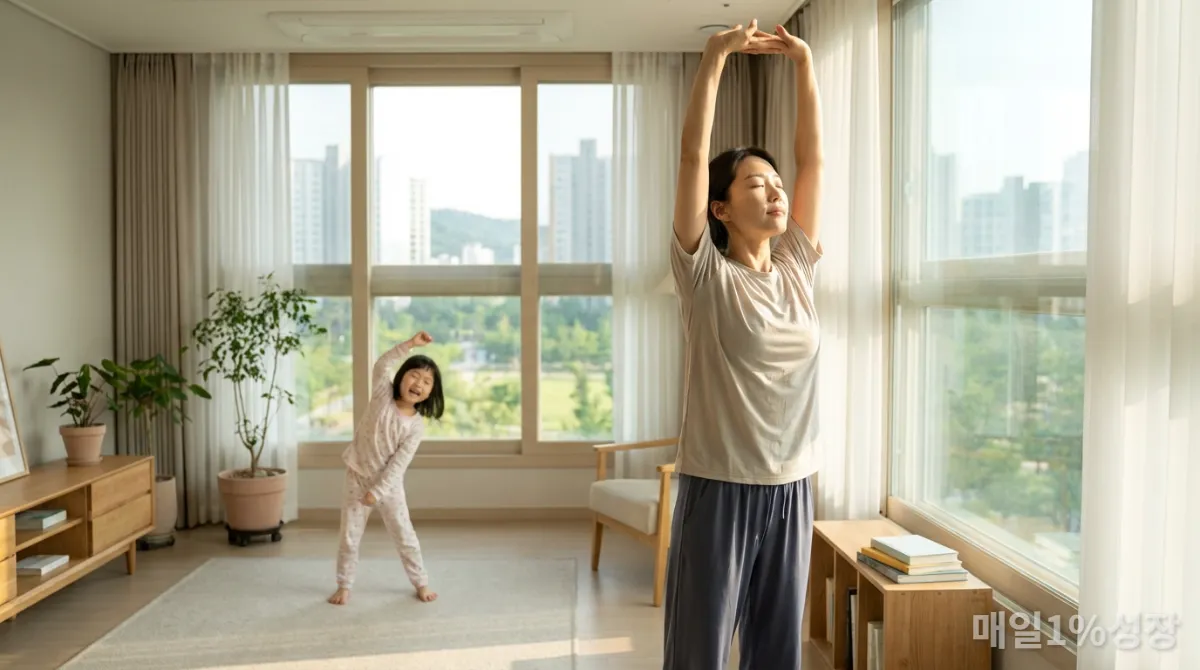 아침 5분 스트레칭을 하는 한국 엄마와 아이